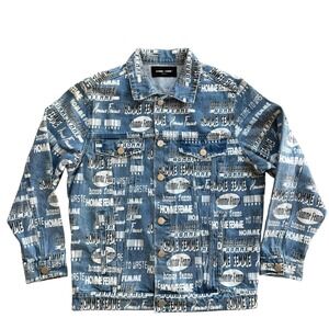 Homme + Femme All Over Print Denim Jacket Mens Size S Blue‎ Barcode Logo